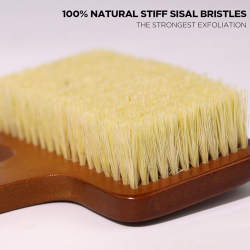 ICANdOIT Stiff Sisal Bristles Back Scrubber Set - Shower Brush with Non-Slip Curved Handle and Dual-Sided Exfoliation Glove-17.71”Bent Handle