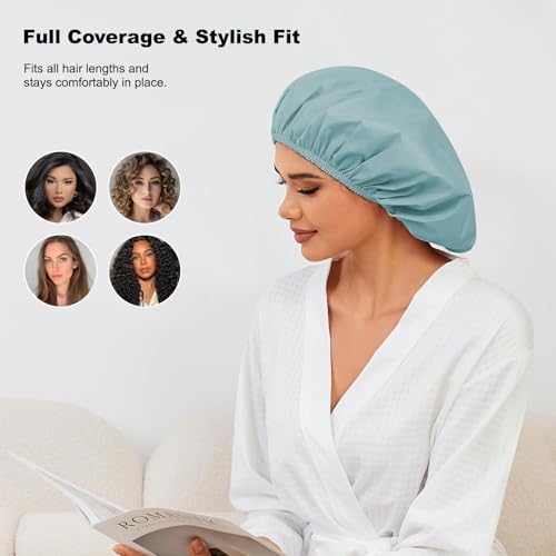 2 Pack Shower Caps for Women, Reusable Waterproof Shower Cap with Elastic Band, Thickened Waterproof Fabric Shower Bonnet for Braids, Long Hair - color: Mist Blue/Lavender