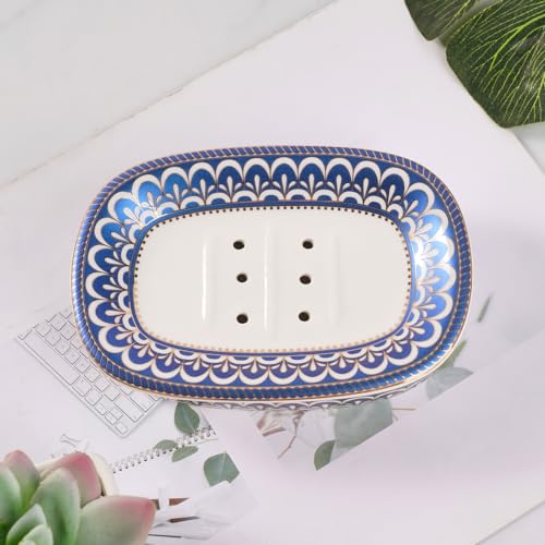Self Draining Soap Dish, Double-Layer Bar Soap Tray, White Ceramic Soap Dish with Elegant Patterns (Style C) - color: Style C