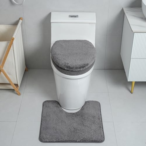 3piece Toilet Seat Cover Set - Toilet Seat Cover +Toilet Lid Cover + toilet rugs u shaped washable, Fits Most Elongated Round and Oblong Toilet(Machine Washable,Quick-Dry) grey - color: Gray