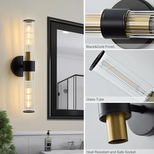 Bathroom Light Fixtures, Black Gold Wall Sconce in Threaded Glass Vanity Light, Modern Bathroom Wall Light for Bedroom, Living Room - Bulb Not Included - color: Black Gold-B
