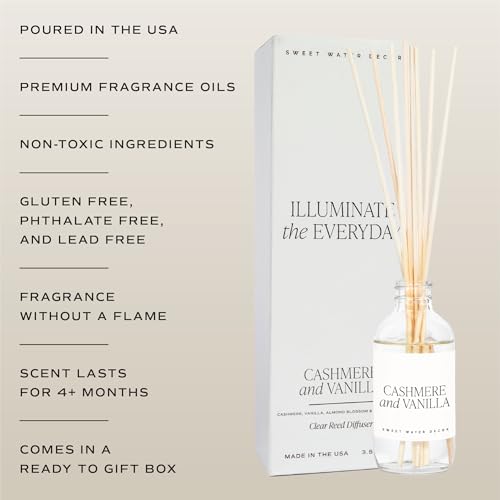 Sweet Water Decor Non-Toxic Cashmere and Vanilla Reed Diffuser Set, Cashmere, Sandalwood, Milky Coconut, Bourbon Vanilla Scented Diffuser for Home, Light Fragrance, Made in the USA, 3.5 FL OZ - style: Cashmere & Vanilla