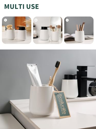 Bosilunlife Soap and Toothbrush Holder Set - Ceramic Bathroom Accessories Set White Liquid Hand Soap Dispenser Set for Bathroom Toothbrush Holder and Soap Dispenser Set - color: White-rounded Base Liquid Pump & Toothbrush Holder