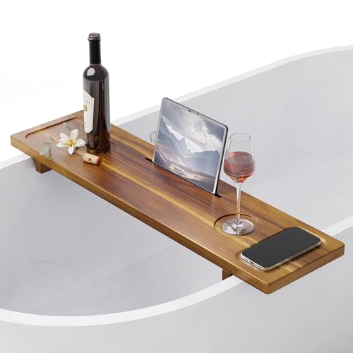 Bathtub Tray, Acacia Bath Tray for Tub, 34.6''x9'' Wooden Bathtub Caddy Tray with Adjustable Legs Fit Various Bathtubs, Anti-Tipping, Sustainable Bath Table with Wine Glass and Tablet Holder - color: Acacia