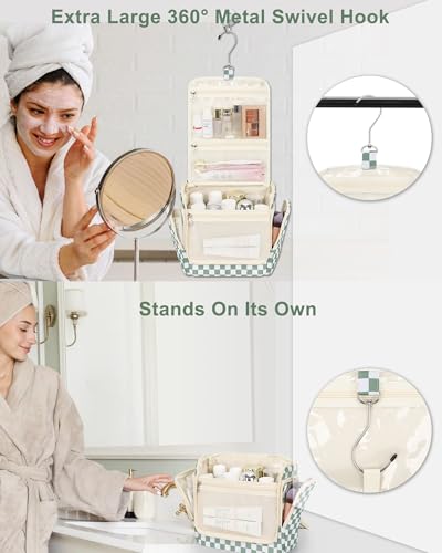 Relavel Travel Toiletry Bag for Women Makeup Bag Cosmetic Organizer Toiletries Bag with Hanging Hook for Travel Size Essentials Accessories Shower Caddy Bag for Bathroom Beach Gym, Green Checkerboard - color: Green Checkerboard