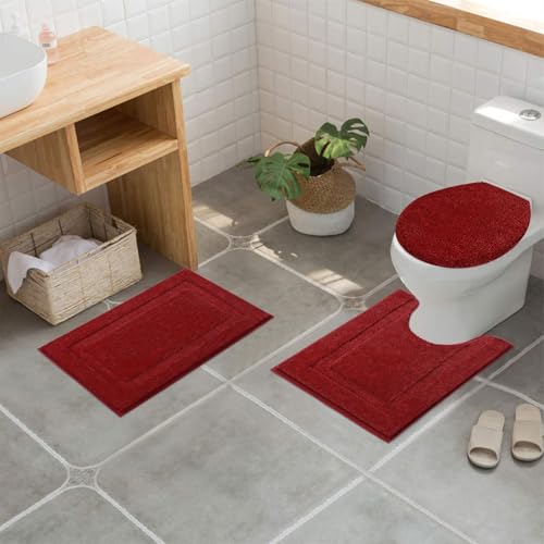 SHACOS Bathroom Rugs Sets 3 Piece with Toilet Lid Cover | Non Slip Absorbent Small Bath Mats 16"x24" U Shape Contour Mat Soft Microfiber Shaggy Machine Washable Bathroom Carpet (Red) - color: Red, size: 16"x24"+U-Shape 20"x24"+Lid Cover 19"x21"