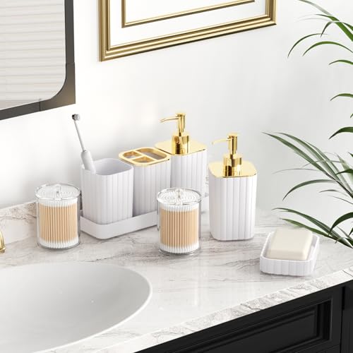 XLHOMO Bathroom Accessories Set - Gorgeous Bathroom Set, 10PC White Bathroom Accessory Set, Toilet Brush, Trash Can, Qtip Holder Dispenser & Soap Dispenser - size: Bath Set, style: White&Gold