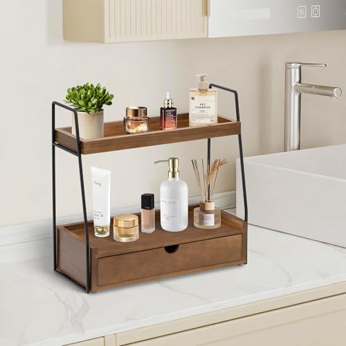 2-Tier Bathroom Organizer Countertop with Drawer, Wood Counter Organizer for Bathroom Decor, Sink Shelf for Vanity Storage, Makeup Tray for Perfume Skincare, Spice Rack Bedroom Kitchen Corner - color: Brown