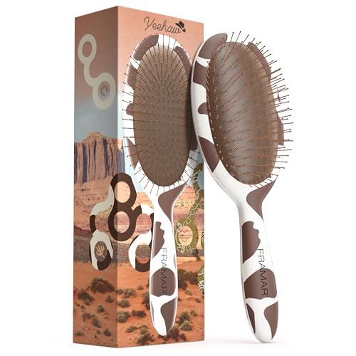 FRAMAR Cow Print Hair Brush Detangler, Detangling Hairbrush For Women, Wet Hair Brush For Girls, Wet Hairbrushes, Girls Hairbrush Detangler, Reduces Frizz - Cow Print - color: Yeehaw