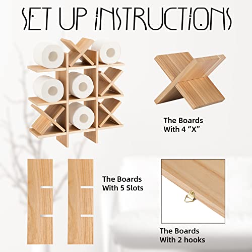Weysat Tic Tac Toe Toilet Paper Holder Stand Bathroom Wall Decor Rustic Wooden Hanging Storage Freestanding Wall Mounted Shelves Decor for Toilet Tissue Farmhouse - color: Wood Color