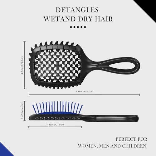 Detangler Brush – 2 Pack Vented Hair Brush for Wet/Dry Hair – Easy, Pain-Free Detangler Brush Reduces Knots & Breakage – For Curly, Straight, Thick or Fine Hair – Women, Men & Kids (Black+Blue) - color: Black+Blue