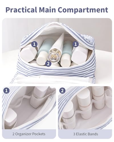 Narwey Small Hanging Toiletry Bag for Travel Women Girl, Striped Toiletries Travel Bag with Hook, Hanging Makeup Bag Organizer Make Up Cosmetic Bags, Gifts for Kids Teen (Greyish Blue Stripe) - color: Y-Greyish Blue Stripe