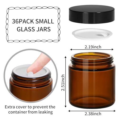 KEYWING 4oz Small Glass Jars with Black Lids, 36 Pack Amber Empty Cosmetic Containers Round Glass Jar with Inner Liners for Creams, Lotions, Ointments and Powders - color: Amber, size: 4oz-36Pack
