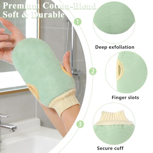 Exfoliating Glove and Back Scrubber for Shower - 3-Piece Exfoliating Mitt Set with Bath Sponge - Deep Skin Cleansing Body Scrubber for Dead Skin Removal, Self-Tan (Green) - color: Green