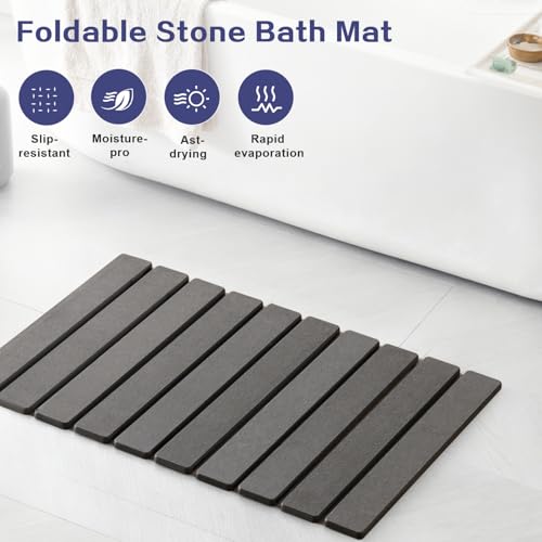 23.6 Inch Foldable Stone Bath Mat, Absorbent Diatomaceous Earth Mat, Dark Grey Easy Clean Rollable Stone Bath Mats for Bathroom, Non-Slip Quick Dry Drying Mat for Kitchen Outdoor Use - color: Dark Grey, size: 1'3" x 1'11" (Rectangular)