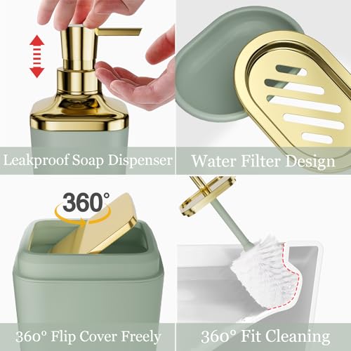 XLHOMO Bathroom Set - Sage Green Bathroom Accessories Set, Bathroom Sets with Shower Curtain and Rugs, Sage Green Shower Curtain Set with Bathroom Trash Can, Soap Dispenser, Soap Dish for Home Decor - color: Plaid Sage Green & Gold, size: Complete Set + B