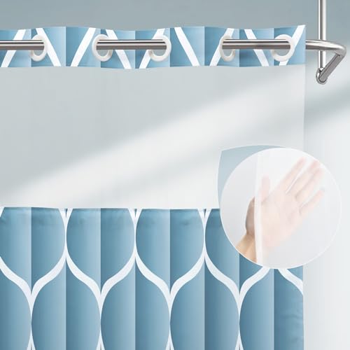 Yiatn No Hook Moonlight Blue Shower Curtain with Snap in Fabric Liner Set - Hotel Style with See Through Mesh Top Window, Modern Geometric Waterdrop Design,Waterproof and Washable, 71x74 INCH - color: Moonlight Blue, size: 71"W x 74"L (Pack of 1)