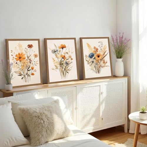 3Pcs Vintage Wildflower Framed Canvas Wall Art Rustic Botanical Floral Pictures Prints for Living Room Bedroom Bathroom Retro Boho Wall Decor for Home Aesthetic 16x24 inch Ready to Hang - color: Orange wildflowers, size: 16x24 inches