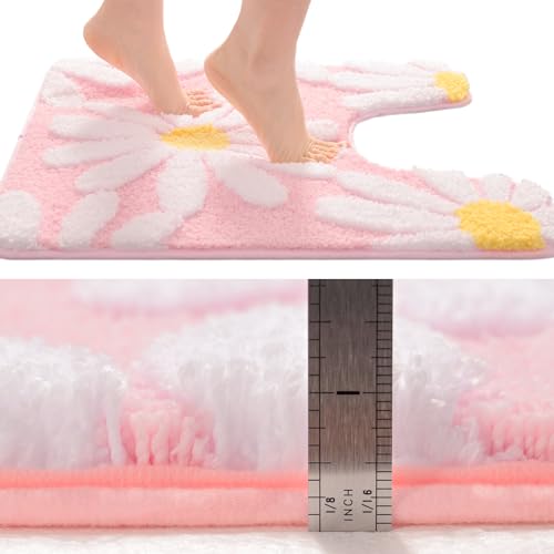 QJHOMO Toilet Rugs U Shaped, Pink Toilet Mat Cute Daisy Contour Bath Rug 20"x20", Extra Thick Soft Machine Washable Toilet Carpet, Non Slip Bathroom Floor Mats Super Absorbent Microfiber Bath Rugs - color: Pink, size: 1'8" x 1'8" (U-Shape)