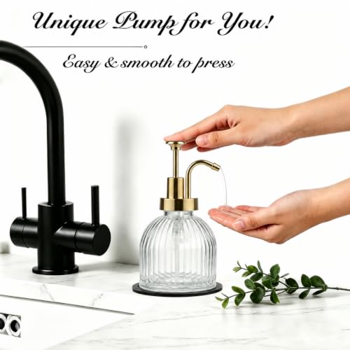 SheeChung 8 Oz Glass Soap Dispenser Bathroom, Clear Liquid Hand Soap Dispenser with Pump, Refillable Dish Soap Dispenser for Kitchen, Cute Modern Stripes Lotion Bottle, Shampoo (Gold Pump, 2 Pack) - color: Clear-gold Pump, 2 Pack