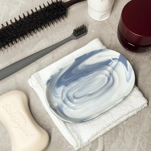 Ceramic Marble Pattern Soap Dish, Textured Raised Soap Saver Tray for Shower Bathroom Kitchen Sink Vanity, Easy to Clean Multi-Use Holder for Bar Soap Jewelry Rings Keys, Blue (1 Pack) - color: Blue