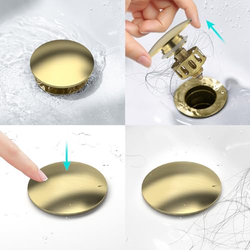 KAIYING Pop Up Drain, Bathroom Sink Drain Stopper with Overflow, Vessel Sink Drain Assembly with Detachable Basket Stopper, Anti-Explosion and Anti-Clogging Drain Strainer（Brushed Champagne Gold） - color: Brushed Champagne Gold, style: With Overflow