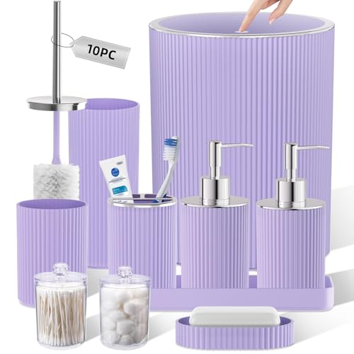 Purple Bathroom Accessories Set, 10PC Bathroom Set, Bath Accessory with Pop Up Trash Can, Soap Dispenser, Toilet Brush, Toothbrush Set Qtip Holders & Tray - color: Purple & Silver, size: 10-Piece Set (Accessories Only)