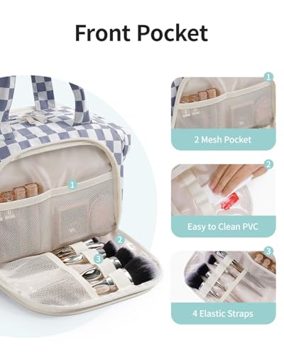 Narwey Travel Toiletry Bag for Women Checkered Large Capacity Makeup Bag Wide Open Cosmetic Make Up Organizer with Wet Pocket for Towel Travel Bag for Toiletries Essentials (Greyish Blue Checkerboard) - color: Greyish Blue Checkerboard