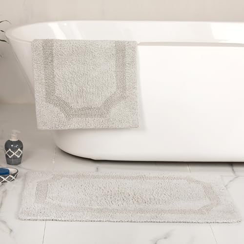 voyzz home Set of 2 Reversible Bath Rug 20x32 inch -17x24 inch | 100% Cotton Hand Tufted Soft & Absorbent Bath Mat|Washable Quick Dry Shaggy Shower Mat | Non-Slip Mordern Bathroom Decor | Grey… - color: Grey Shaggy Set of 2 20x32-17x24