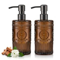 17 OZ Sunflower Embossed Glass Soap Dispenser - 2 Pack, with 304 Rust Proof Stainless Steel Pump, Glass Soap and Lotion Dispenser Set, Liquid Hand Soap Dispenser for Home, Kitchen & Bathroom (Amber) - color: Amber