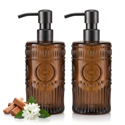 17 OZ Sunflower Embossed Glass Soap Dispenser - 2 Pack, with 304 Rust Proof Stainless Steel Pump, Glass Soap and Lotion Dispenser Set, Liquid Hand Soap Dispenser for Home, Kitchen & Bathroom (Amber) - color: Amber