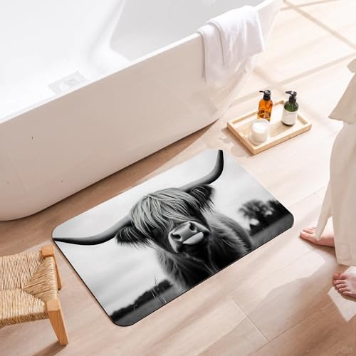 Highland Cow Bathroom Rugs, Non Slip Quick Dry Rustic Farmhouse Bath Mats for Bathroom, Super Absorbent Diatomaceous Bathmat for Home Kitchen Thin Floor Doormat 17 X 29.5 Inch - color: Highland Cow