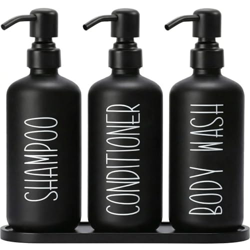 MOMEEMO Reusable Shampoo and Conditioner Bottles with Tray, Shampoo Bottles Refillable with Pump, Pump Bottles for Shampoo and Conditioner, Shower Dispenser Bottles (Black) - color: Black Black