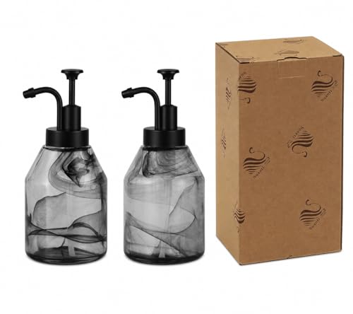 Bathroom Glass Soap Dispenser Set, 2 Pack 12.5 Oz Unique 3D Black Smog Thick Glass Hand Soap Bottle with Smooth Action Rust-Free ABS Pump, Kitchen Dish Soap Dispenser (Black) - color: Black-02