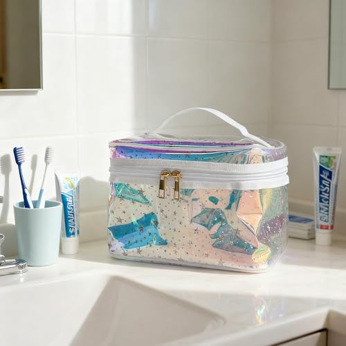 Waterproof Blue Star Print PVC Makeup Bag with Handle - 8.66 * 5.51 * 5.51 inch Travel Cosmetic Organizer for Women Men Toiletry Pouch (Blue Star-L) - color: Blue Star-L