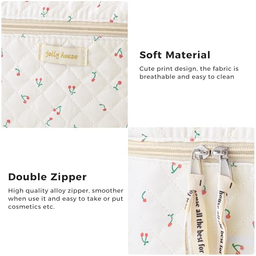 HBselect Quilted Makeup Bag, 3PCS Cotton Large Travel Makeup Bag, Cute Floral Coquette Make up Bag Cosmetic Bag Toiletry Bag for Women Girls - color: A-3PCS-Cherry