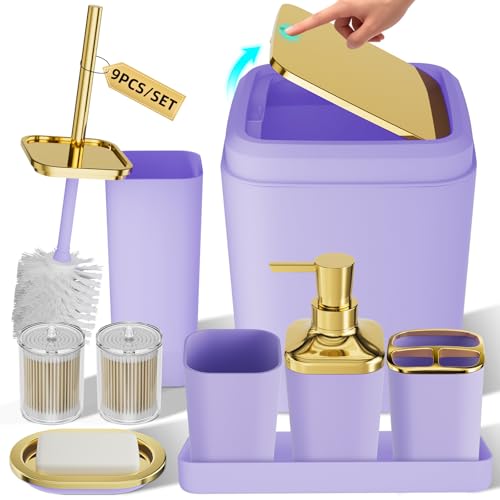 XLHOMO Bathroom Accessories Set - Luxury Purple Bathroom Set, 9 Pieces Bathroom Accessory Set, Purple Bathroom Accessories with Trash Can, Toilet Brush & Soap Dispenser - color: Purple & Gold, size: Bathroom Set