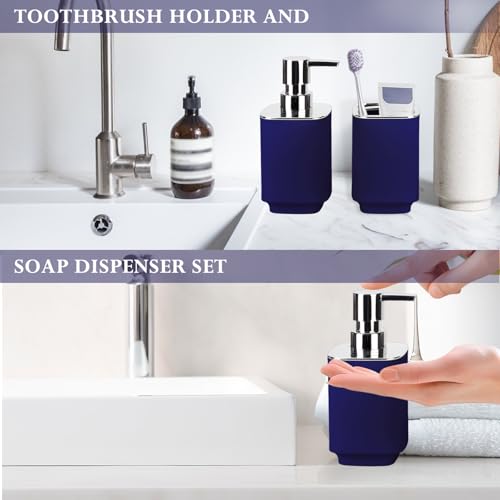 Navy Blue Bathroom Accessories 2 Pieces, Soap Dispenser and Toothbrush Holder Set for Boho Bathroom - color: Navy Blue, size: 2PCS