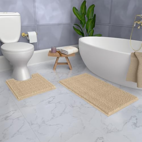 LuxUrux Luxury Chenille Bathroom Rugs - 2-Piece Set, Soft Plush Anti-Slip Bath Mat + U-Shaped Toilet Mat. Super Absorbent, Perfect for Bathroom Decor. (36'' X 24'' + 24'' x 20'' U, Birch) - color: Birch, size: 2 Piece Set - Large