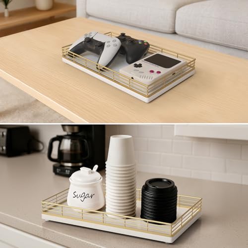 Bathroom Vanity Tray, 13" x 8" Oak Decorative Wooden Tray for Countertop | Large Bathroom Vanity Organizer, Wood Tray for Perfume, Skincare & Accessories Storage, Vanity Dresser Decor, Gold & White - color: Gold & White, size: 13" x 8" x 2"