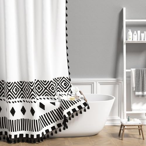 AOFOTO Bohemian Shower Curtain Tassel Boho Black and White Striped Geometric Pattern Shower Curtains for Bathroom Waterproof Bath Curtain Sets with Hooks Bathroom Home Decor 36x72 Inches - color: Black Square, size: 36"W x 72"L (Pack of 1)