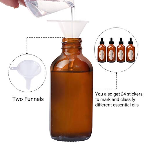 12 Pack 4oz Amber Glass Bottles with Glass Eye Droppers for Essential Oils, Perfumes & Lab Chemicals (1 Brush, 2 Funnels, 2 Extra Droppers, 24 Pieces Labels & 30ml Measuring Cup Included) - color: Amber