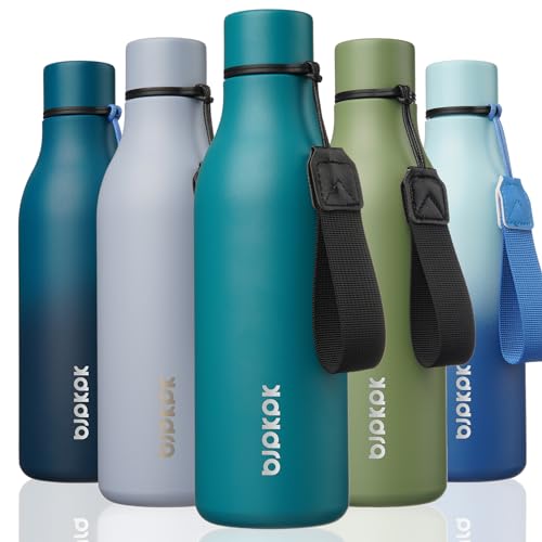 BJPKPK Insulated Water Bottles, 18 oz Stainless Steel Metal Water Bottle with Strap, BPA Free Leak Proof Jugs, Mugs, Flasks, Reusable Thermal Flasks for Sports & Travel, Lake Blue - color: Lake Blue, size: 18 Ounces, style: 18oz