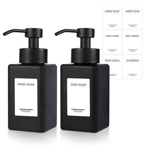 Black Foaming Hand Soap Dispenser 2 Pack,12oz/350ml Glass Foaming Soap Dispenser Set with Stainless Steel Pump, Square Refillable Foam Pump Bottles for Bathroom&Kitchen,Includes 6 Labels - color: Black