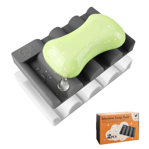Silicone Soap Dish,Self Draining Soap Holder Perfect for Shower,Bathroom Sink,Kitchen Sink & Travel,Non-Slip Bar Soap Holder Extend Soap Life,Keep Soap Bars Dry & Easy Cleaning (White+Grey)-2Pcs - color: (White+grey)-2pcs