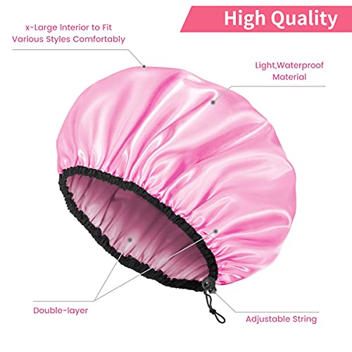 Auban Shower Cap for Women, Adjustable Reusable, Extra Large, Double-Layer Waterproof Bathing Cap, Waterproof Exterior, EVA Lining, Hair Cap for All Hair Lengths, 3 Colors - color: pink,rose red,black