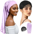 Long Bonnet-Crochet Hair Net Set Braid Bonnets for Black Women Mesh Hair Net Anti Frizz Satin Large Bonnet for Curly, Braids Hair 2 Piece Set Reusable Elastic (black net, light purple bonnet) - color: Black Net, Light Purple Bonnet