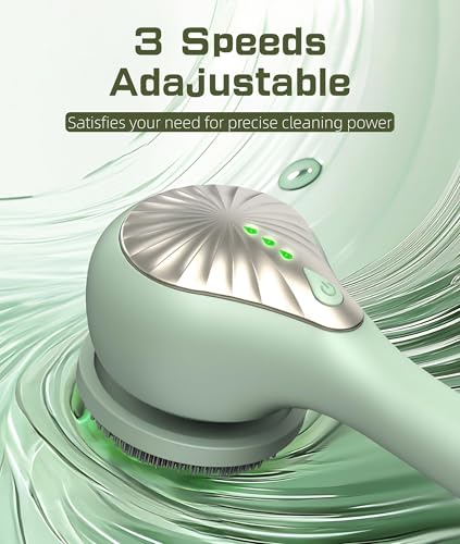 Electric Body Brush Back Scrubber for Shower, IPX6 Water Proof Bath Brush with Long Handle, 6 Heads 3 Speeds Rechargeable Electric Spin Scrubber for Cleanse, Massage, Exfoliate