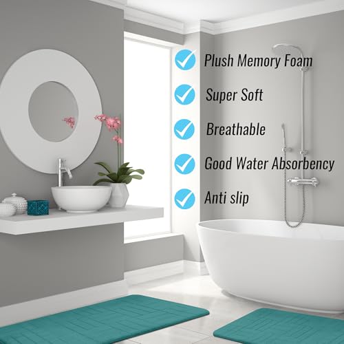 Bathroom Rug Set 5 Piece - Memory Foam Bathroom Mat Set, Soft and Comfortable, Non-Slip Thick Absorbent Bath Mats, Machine Washable, Aqua Teal - color: Aqua Teal/ Line Design