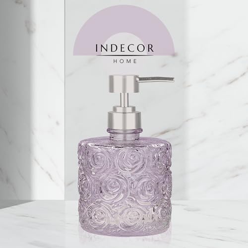 Marcella Glass Soap Dispenser with Soap Pump, Refillable 14 Ounce Capacity, Floral Design Rose Patterns, Heavy Weight Thick Glass for Bathroom, Premium Kitchen Soap Dispenser Lavender - color: Lavender Frost